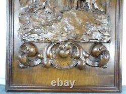French Antique Deep Carved Architectural Walnut Wood Panel Fable de La Fontaine