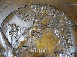 French Antique Deep Carved Architectural Walnut Wood Panel Fable de La Fontaine