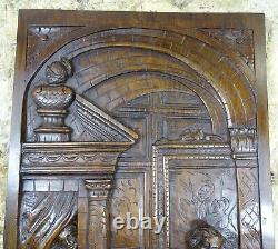 French Antique Deep Carved Architectural Walnut Wood Panel Galant Scene