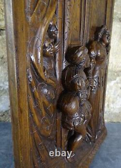 French Antique Deep Carved Architectural Walnut Wood Panel Galant Scene