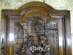 French Antique Deep Carved Large Panel Door Walnut Wood Scene in a Tavern