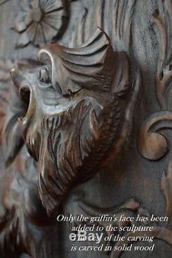 French Antique Deep Carved Panel Door Solid Oak Wood with Griffin Dragon Chimera