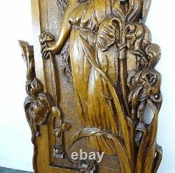 French Antique Deep Carved Walnut Wood Panel Water Flowers Art Nouveau