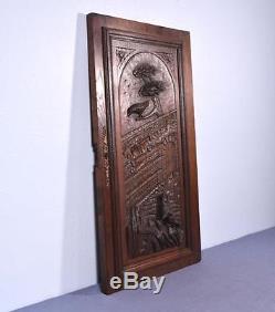 French Antique Deeply Carved Architectural Panel Door Solid Oak withFox and Crow