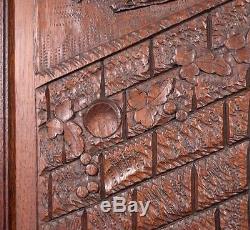 French Antique Deeply Carved Architectural Panel Door Solid Oak withFox and Crow