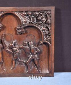 French Antique Deeply Carved Gothic Panel in Solid Walnut Wood Salvage