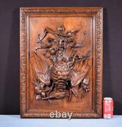 French Antique Deeply Carved Oak Wood Panel with Bird Hunting Salvage