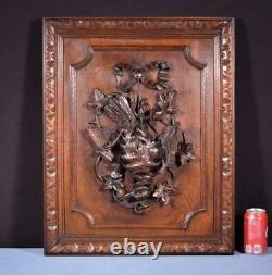 French Antique Deeply Carved Oak Wood Panel with & Bird Hunting Salvage