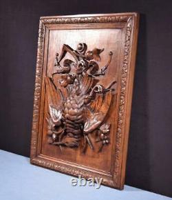 French Antique Deeply Carved Oak Wood Panel with Bird Hunting Salvage