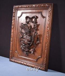 French Antique Deeply Carved Oak Wood Panel with & Bird Hunting Salvage