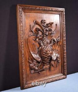 French Antique Deeply Carved Oak Wood Panel with Bird Hunting Salvage