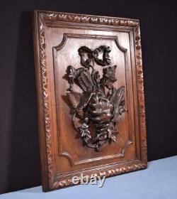 French Antique Deeply Carved Oak Wood Panel with & Bird Hunting Salvage