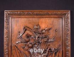 French Antique Deeply Carved Oak Wood Panel with Bird Hunting Salvage