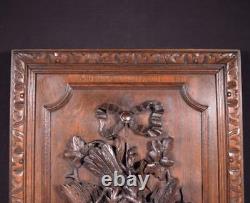 French Antique Deeply Carved Oak Wood Panel with & Bird Hunting Salvage