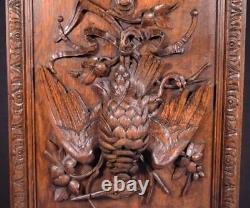 French Antique Deeply Carved Oak Wood Panel with Bird Hunting Salvage