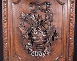 French Antique Deeply Carved Oak Wood Panel with & Bird Hunting Salvage