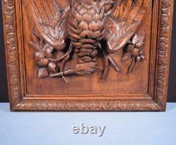 French Antique Deeply Carved Oak Wood Panel with Bird Hunting Salvage