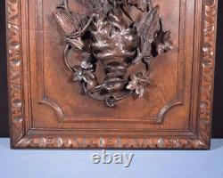 French Antique Deeply Carved Oak Wood Panel with & Bird Hunting Salvage