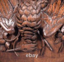 French Antique Deeply Carved Oak Wood Panel with Bird Hunting Salvage