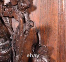 French Antique Deeply Carved Oak Wood Panel with & Bird Hunting Salvage