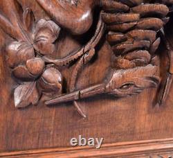 French Antique Deeply Carved Oak Wood Panel with Bird Hunting Salvage