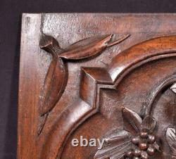 French Antique Deeply Carved Oak Wood Panel with & Bird Hunting Salvage