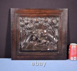 French Antique Deeply Carved Oak Wood Panel with Boar and Dog Salvage