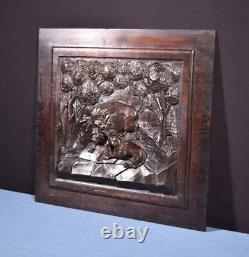 French Antique Deeply Carved Oak Wood Panel with Boar and Dog Salvage