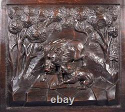 French Antique Deeply Carved Oak Wood Panel with Boar and Dog Salvage
