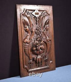 French Antique Deeply Carved Oak Wood Panel with Figures Salvage