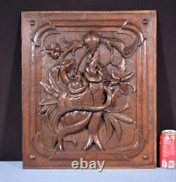 French Antique Deeply Carved Oak Wood Panel with & Fish Hunting Salvage