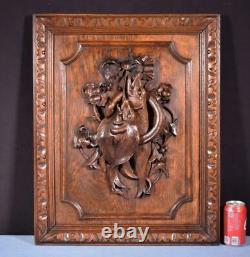 French Antique Deeply Carved Oak Wood Panel with & Fish Hunting Salvage