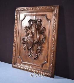 French Antique Deeply Carved Oak Wood Panel with & Fish Hunting Salvage