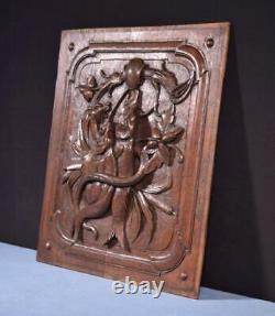French Antique Deeply Carved Oak Wood Panel with & Fish Hunting Salvage