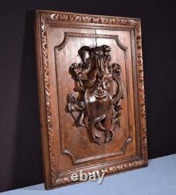 French Antique Deeply Carved Oak Wood Panel with & Fish Hunting Salvage