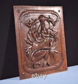 French Antique Deeply Carved Oak Wood Panel with & Fish Hunting Salvage