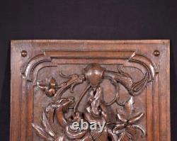 French Antique Deeply Carved Oak Wood Panel with & Fish Hunting Salvage