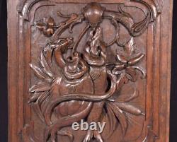 French Antique Deeply Carved Oak Wood Panel with & Fish Hunting Salvage