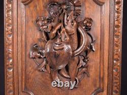 French Antique Deeply Carved Oak Wood Panel with & Fish Hunting Salvage