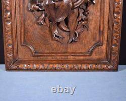 French Antique Deeply Carved Oak Wood Panel with & Fish Hunting Salvage