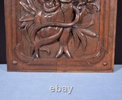 French Antique Deeply Carved Oak Wood Panel with & Fish Hunting Salvage