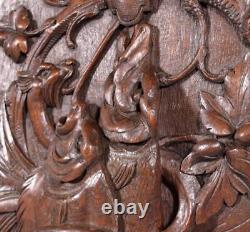 French Antique Deeply Carved Oak Wood Panel with & Fish Hunting Salvage