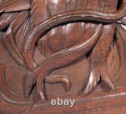 French Antique Deeply Carved Oak Wood Panel with & Fish Hunting Salvage