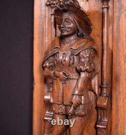 French Antique Deeply Carved Solid Oak Wood Panel with Figure Highly Detailed