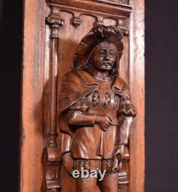 French Antique Deeply Carved Solid Oak Wood Panel with Figure Highly Detailed