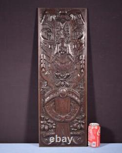 French Antique Deeply Carved Solid Oak Wood Panel with Figure in the Center