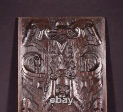 French Antique Deeply Carved Solid Oak Wood Panel with Figure in the Center