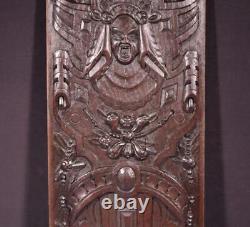 French Antique Deeply Carved Solid Oak Wood Panel with Figure in the Center