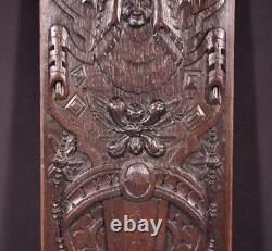 French Antique Deeply Carved Solid Oak Wood Panel with Figure in the Center