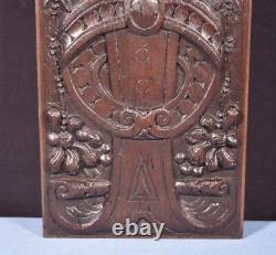 French Antique Deeply Carved Solid Oak Wood Panel with Figure in the Center